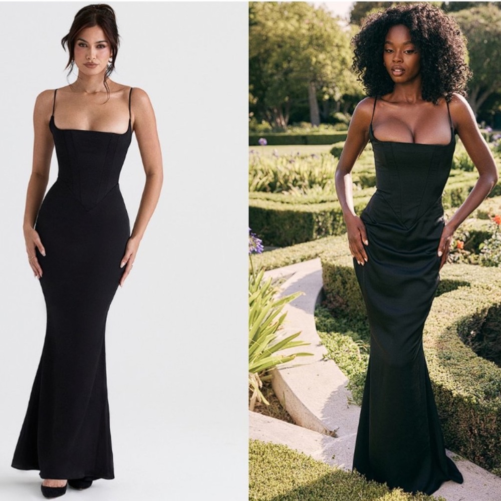 House of CB Olivette Black Satin Corset Maxi Dress